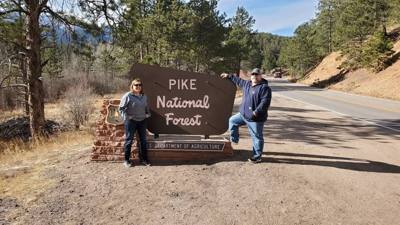 Pikes Peak this morning.  The top few miles was closed for snow :(