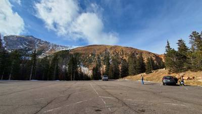 Pikes Peak this morning.  The top few miles was closed for snow :(