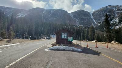 Pikes Peak this morning.  The top few miles was closed for snow :(