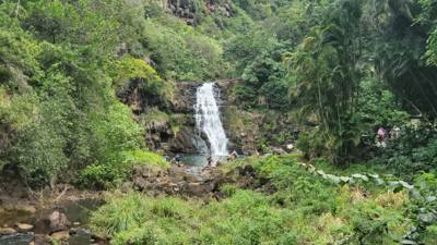 Wet afternoon at Weimea Falls.  Got to the top and it started raining hard.  Julie and Aaron stepped in the pool below t