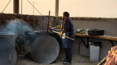 Pitchfork steak fondue for dinner.  The steak was good.  They cook them all to medium.  The view of town from there was 