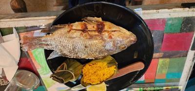 Lunch today was out in the boonies.  The fish was delicious.  So was the chicken.  Dessert was a banana cake if some sor