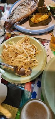 Lunch today was out in the boonies.  The fish was delicious.  So was the chicken.  Dessert was a banana cake if some sor