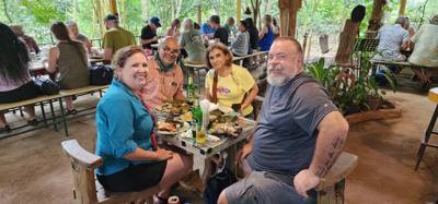 Lunch today was out in the boonies.  The fish was delicious.  So was the chicken.  Dessert was a banana cake if some sor