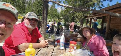 Picnic lunch at Jenny Lake. Dave took the photo. Avery said that since it has half of Dave's face and half of Avery's